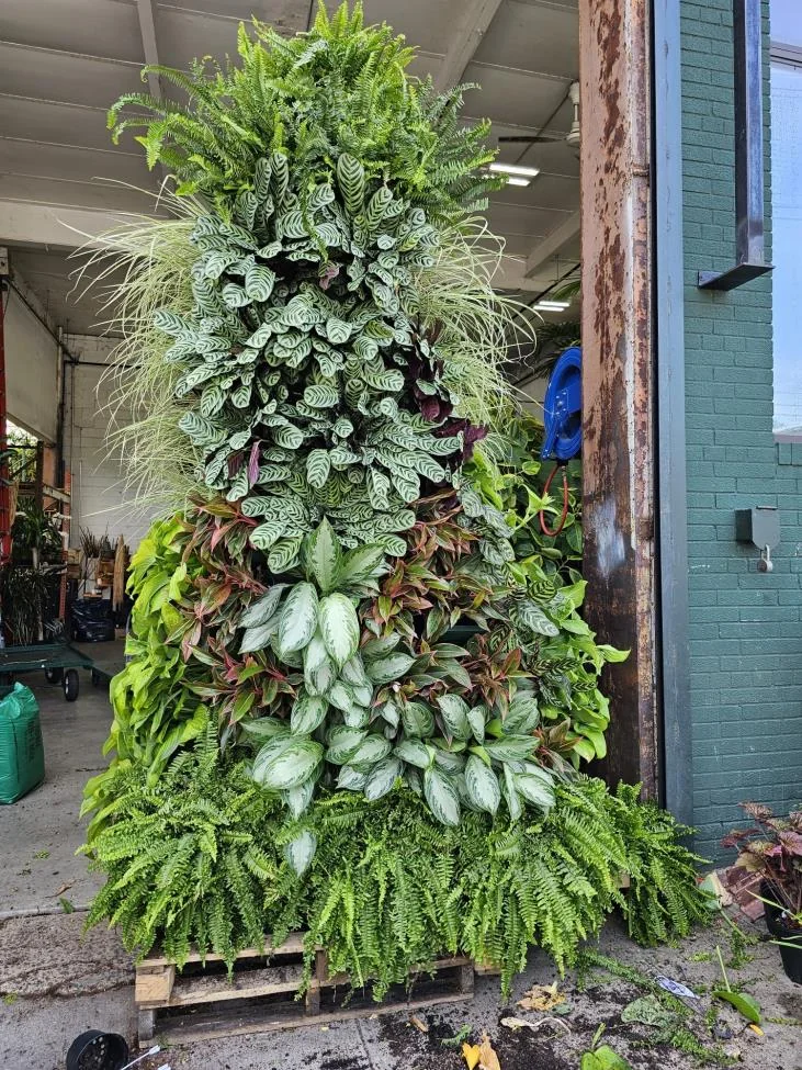 A tall planted tower with mixed foliage and ferns during preparation.
