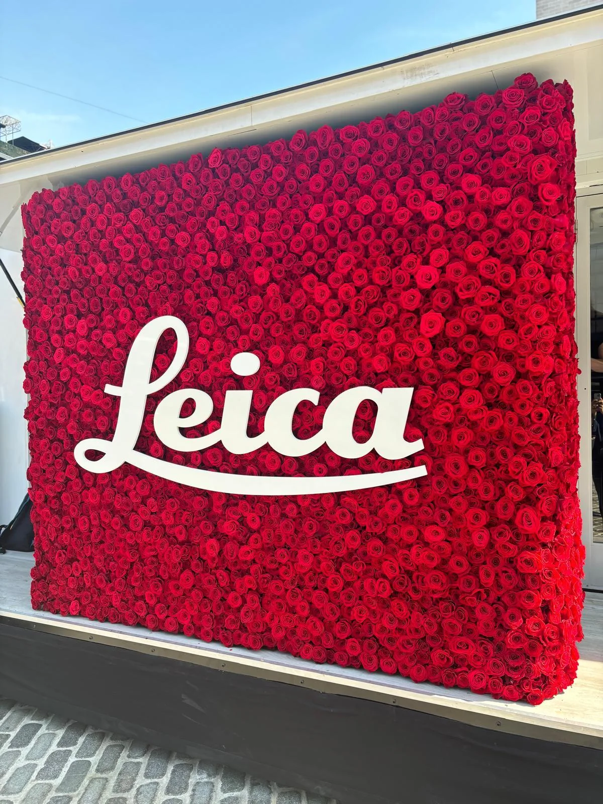 A wall of red roses with white Leica lettering.